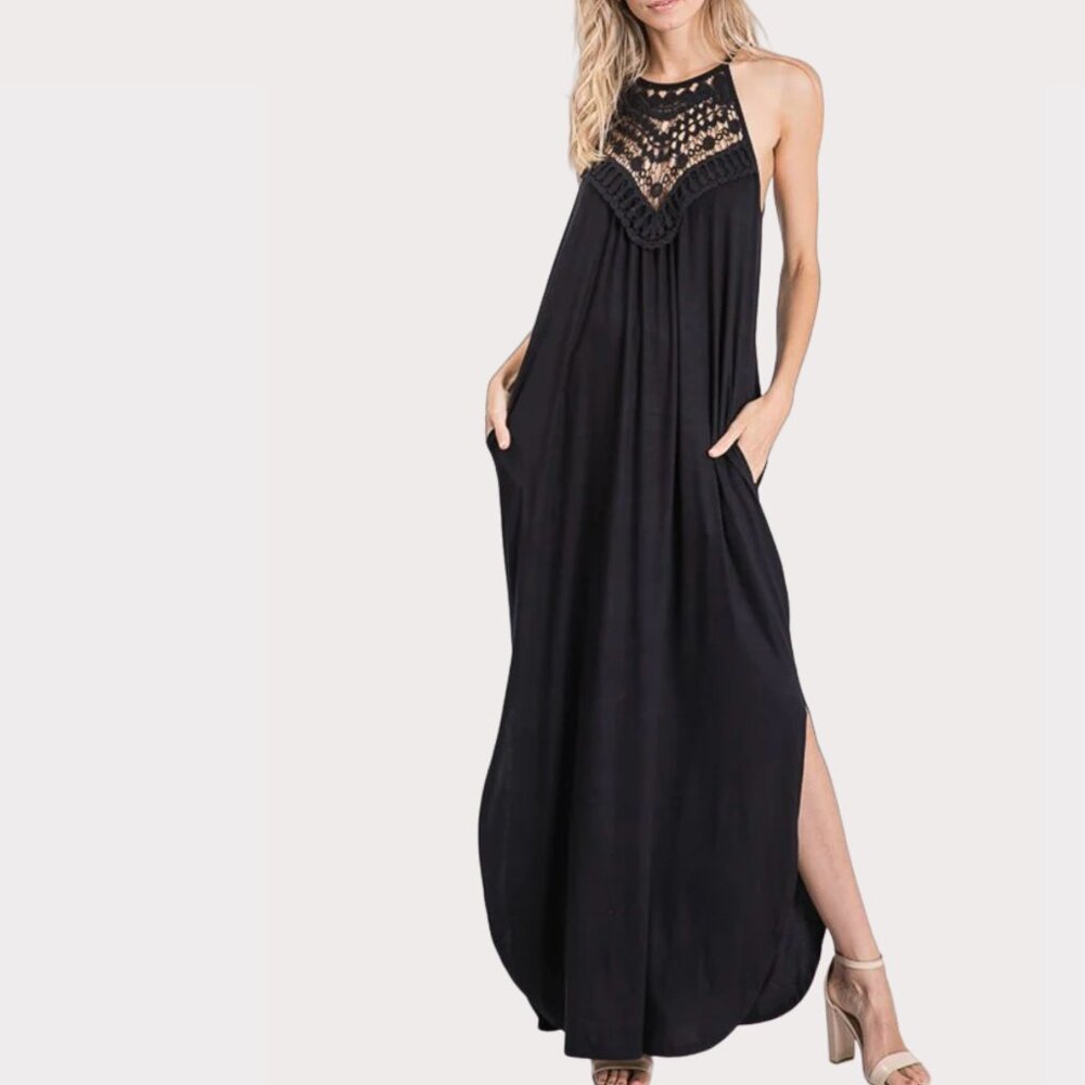 Long Halter Lace Knit Dress, Size M